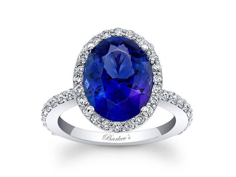 barkev's oval tanzanite engagement ring with oval round diamond halo and round diamond band