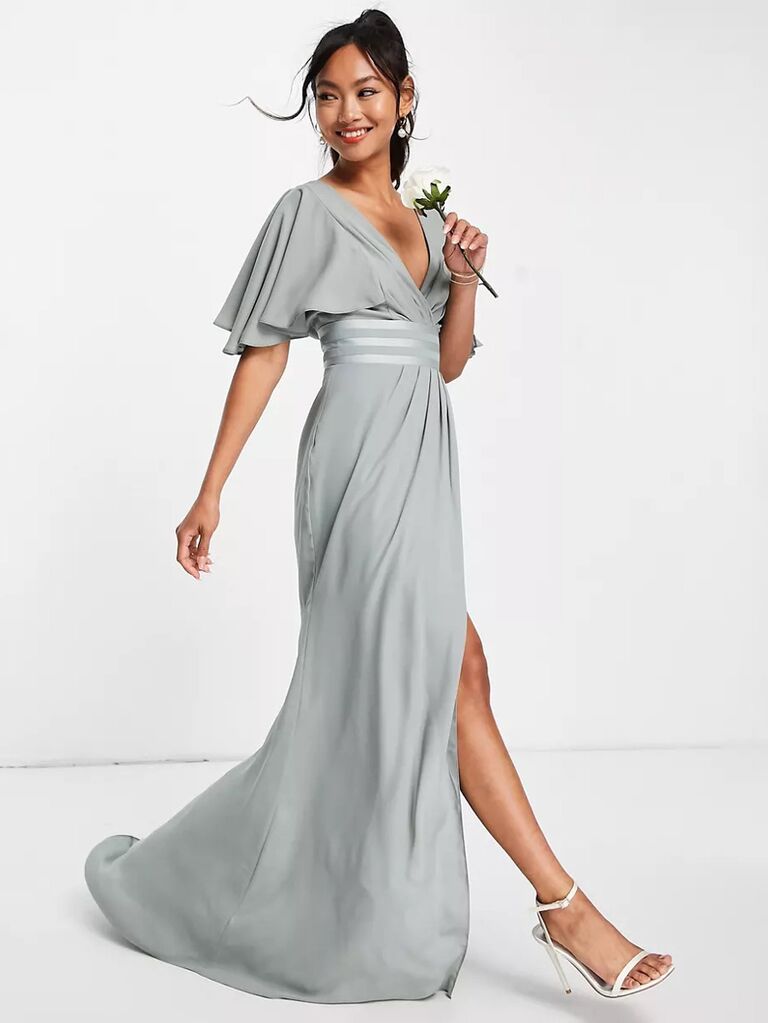 Adjustable Strap Faux Wrap Maxi Bridesmaid Dress With Covered Button  Details In Silver Dove