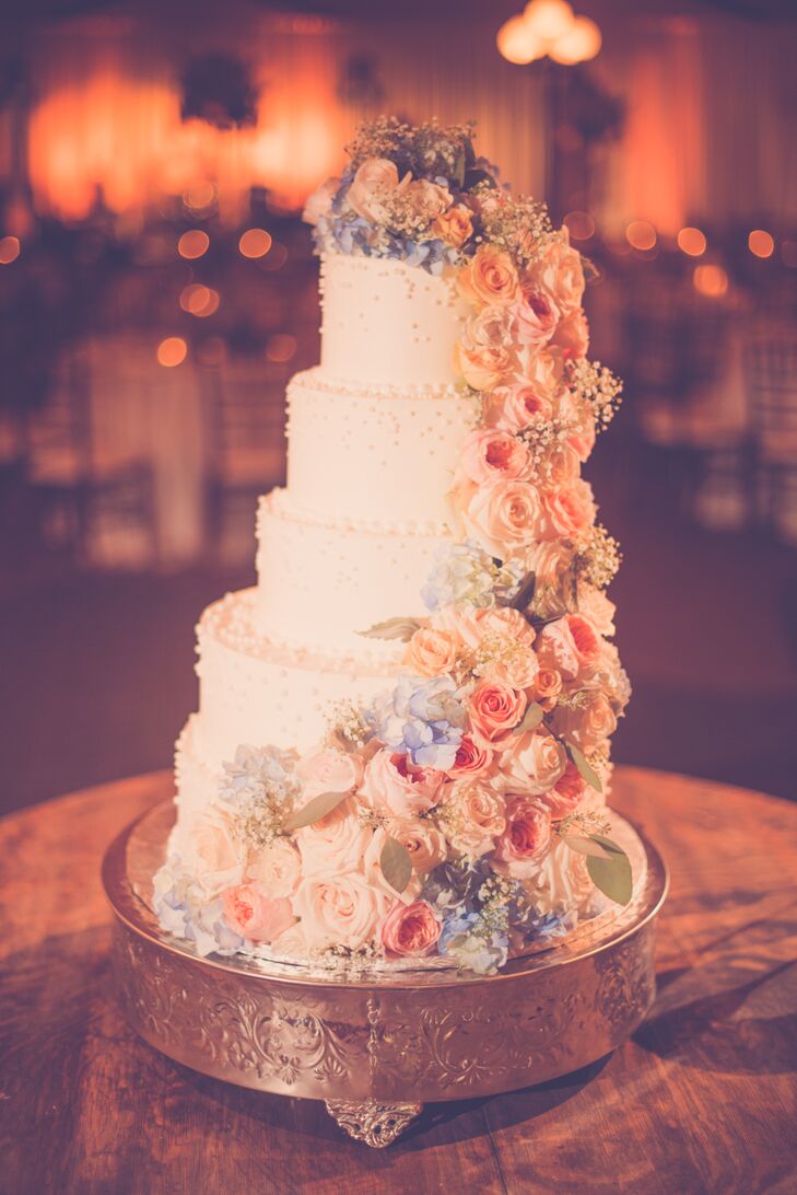 Blue And Peach Floral Cascade On Wedding Cake