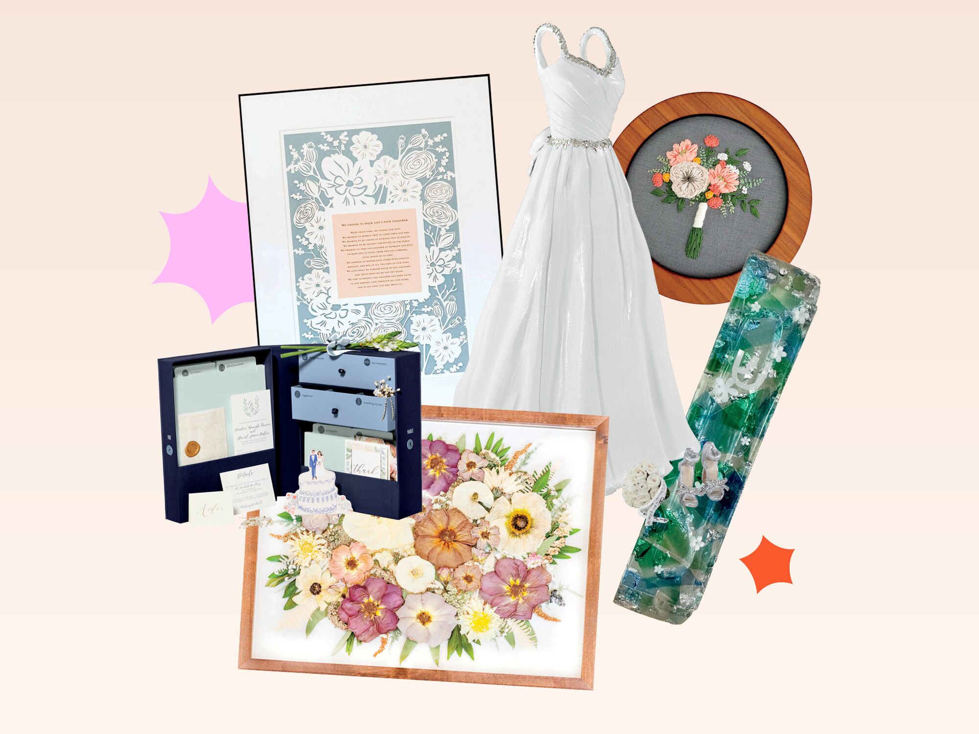 Collage of wedding keepsake products including keepsake box, pressed floral portrait, wedding vow art, wedding dress sculpture, custom mezuzah, wedding bouquet embroidery
