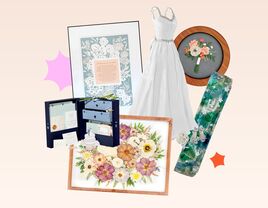 Collage of wedding keepsake products including keepsake box, pressed floral portrait, wedding vow art, wedding dress sculpture, custom mezuzah, wedding bouquet embroidery