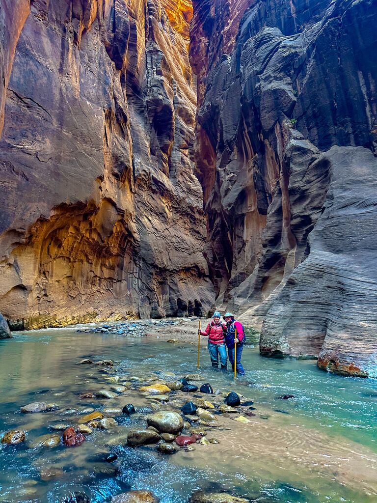Hiking in the Virgin River on this fun trail through The Narrows in Zion. There were places where we were wading through water that was up to our waists!