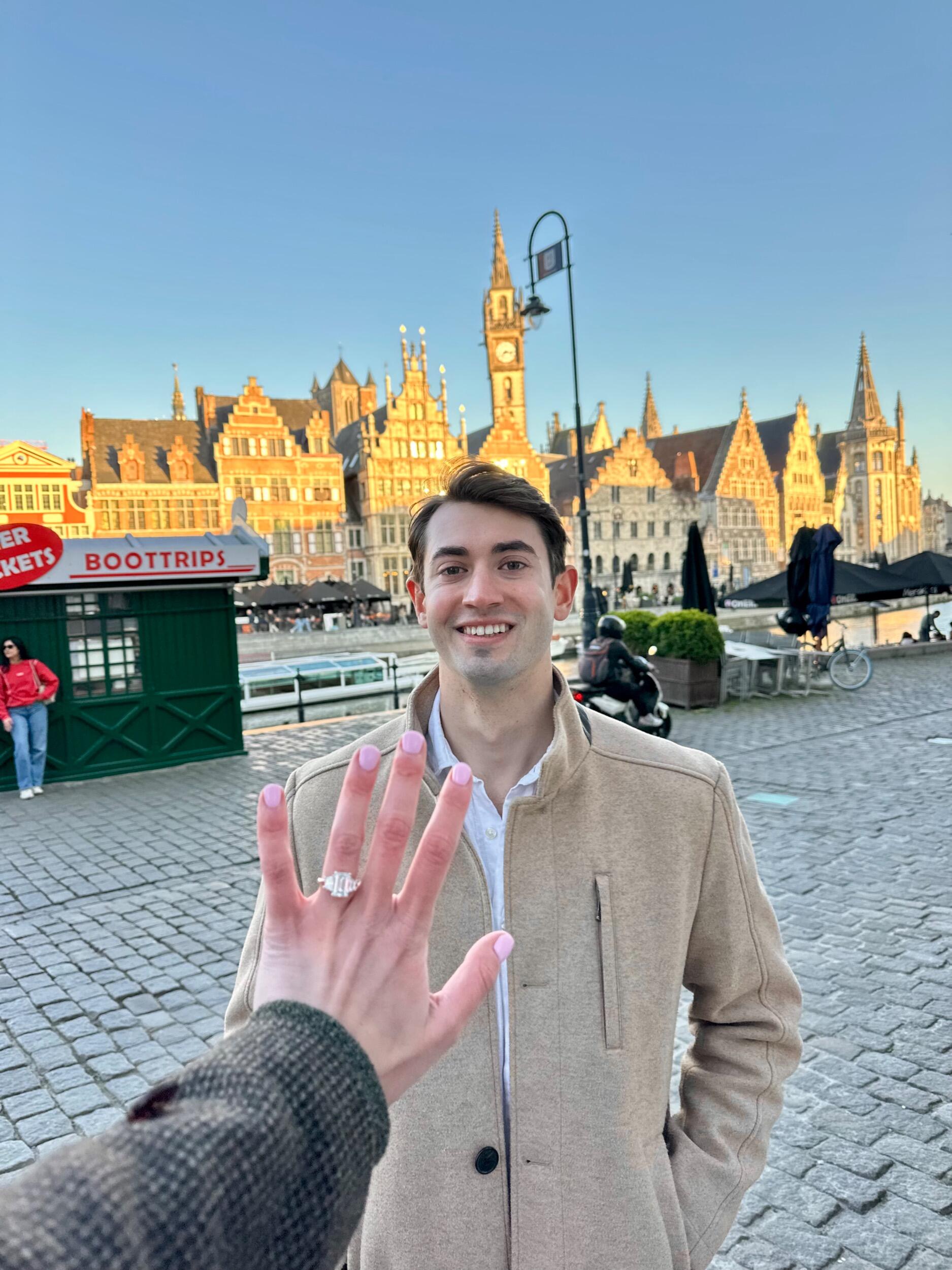 Omg! Engaged in Belgium. Christen's first pic to send urgently out to friends and family