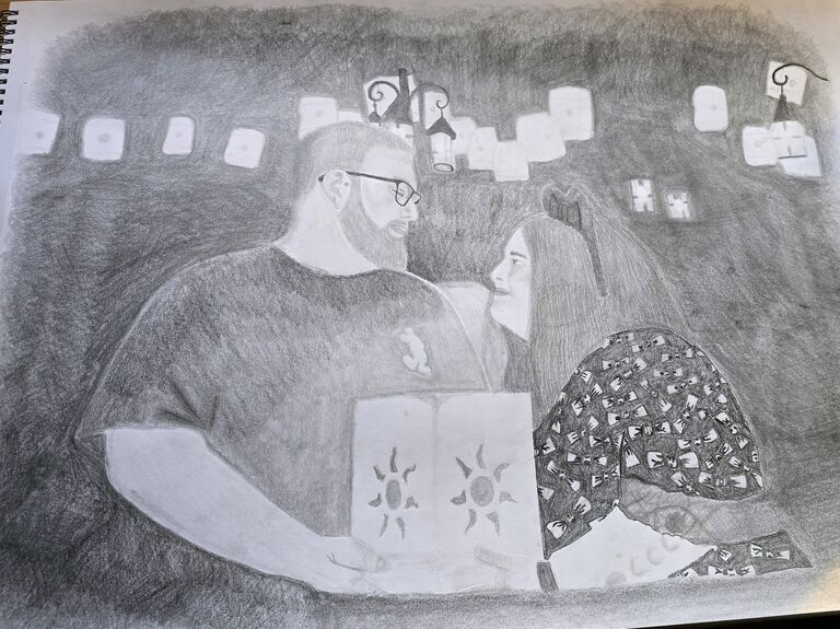 As part of his business degree program, Josh takes an art class—a humanities elective that pushes him outside his comfort zone. For his final project, he spends nearly 20 hours creating a heartfelt drawing of himself and Shelby holding a lantern from Tangled, inspired by a cherished photo from their trip to Disney World. The result is a labor of love, capturing a magical moment and showing just how much Shelby lights up his world.