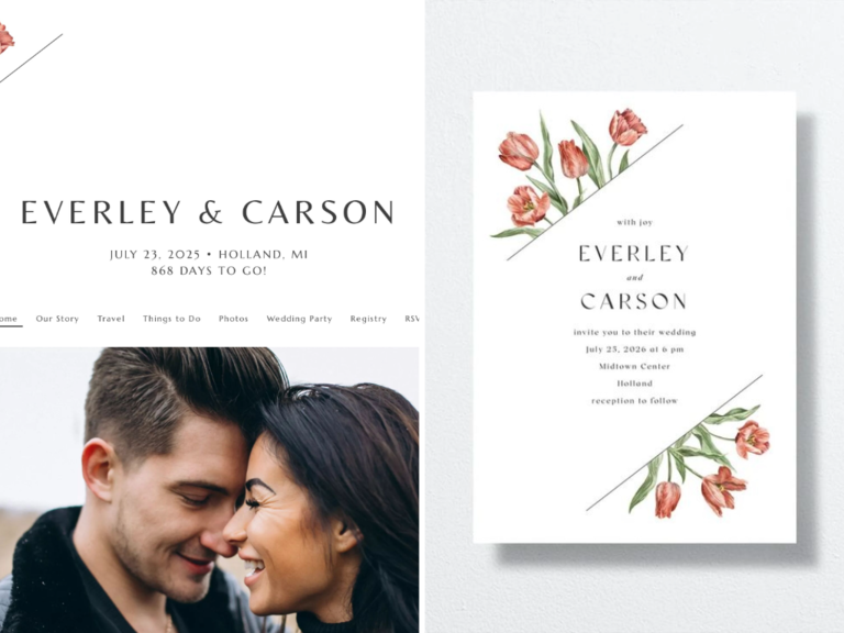 spring wedding website with matching invitations decorated with coral colored tulips