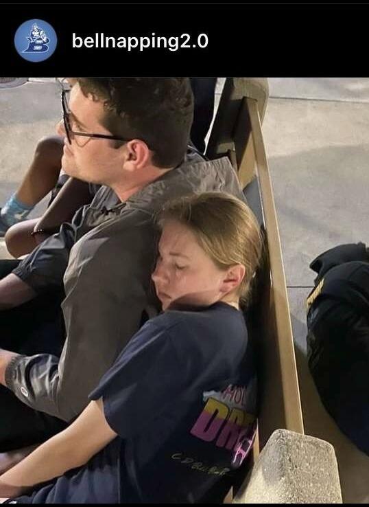 Amelia falls asleep on Thomas in Disney World on the band trip. Caught on the high school napping Instagram page. 
