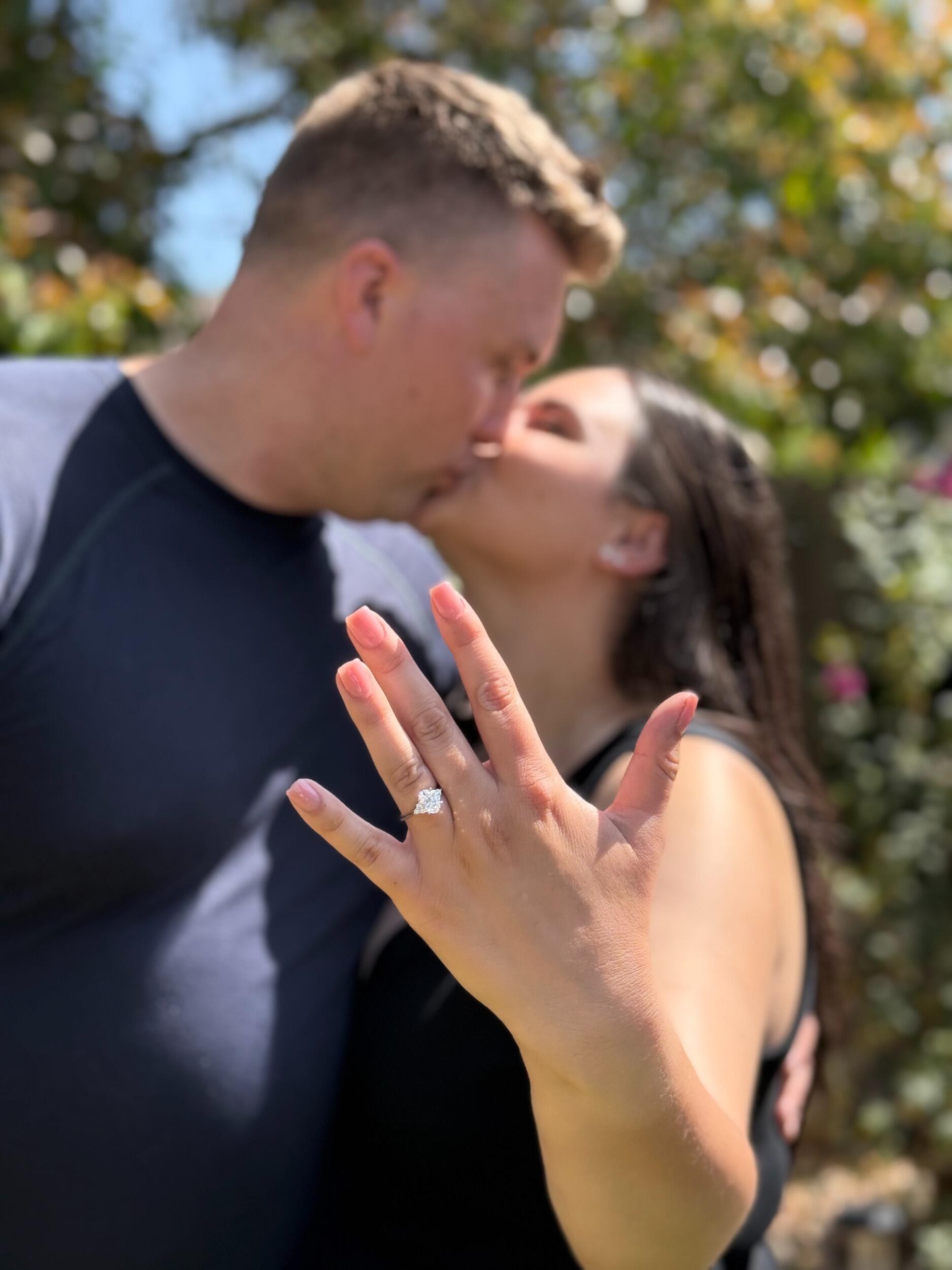 Hunter & Katie get engaged! He took her to the beach at Goat Rock and set up a towel that said "Will you marry me?" with a personalized charcuterie board. 