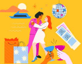 illustration of wedding couple surrounded by disco ball, photo booth strip, shopping bags, boat, and champagne glasses