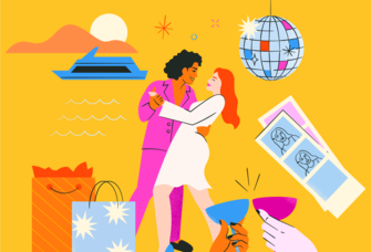 illustration of wedding couple surrounded by disco ball, photo booth strip, shopping bags, boat, and champagne glasses