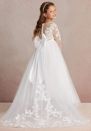 Elodie is the perfect dress for your little princess. She features a beautiful lace bodice with scoop neckline, illusion lace V-back, full length illusion lace sleeves, button back with a bow, ruched high low A-line skirt, and a dramatic lace train.