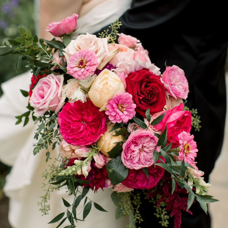 Zinnia and rose wedding bouquet