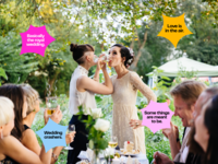 Couple at a wedding surrounded by Instagram captions