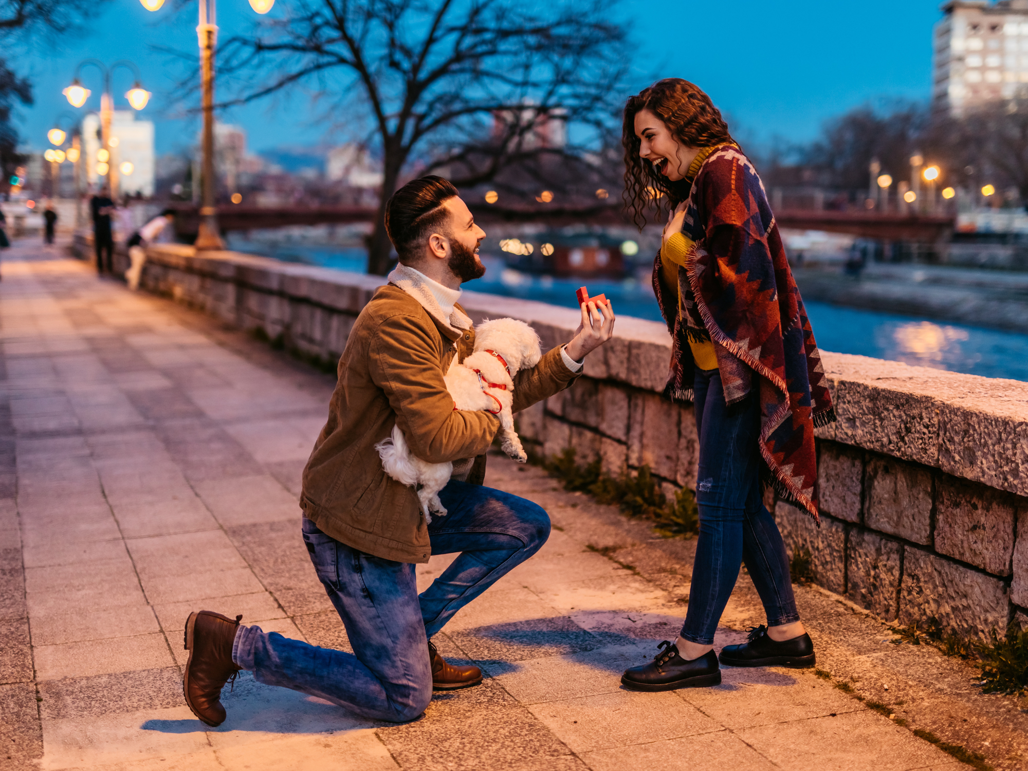 Man proposing to his girlfriend on sidewalk with dog