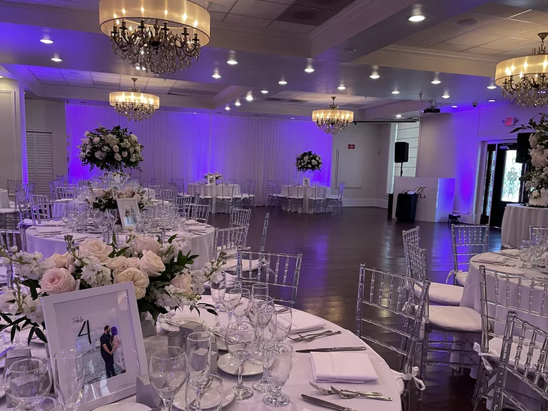 The tables are set and the dance floor is ready at La Jolla Ballroom in Coral Gables, Florida