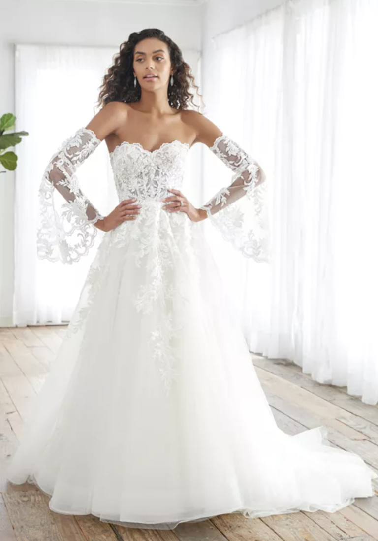 A-line Tulle Wedding Dress With Detachable Off The Shoulder Long Sleeves