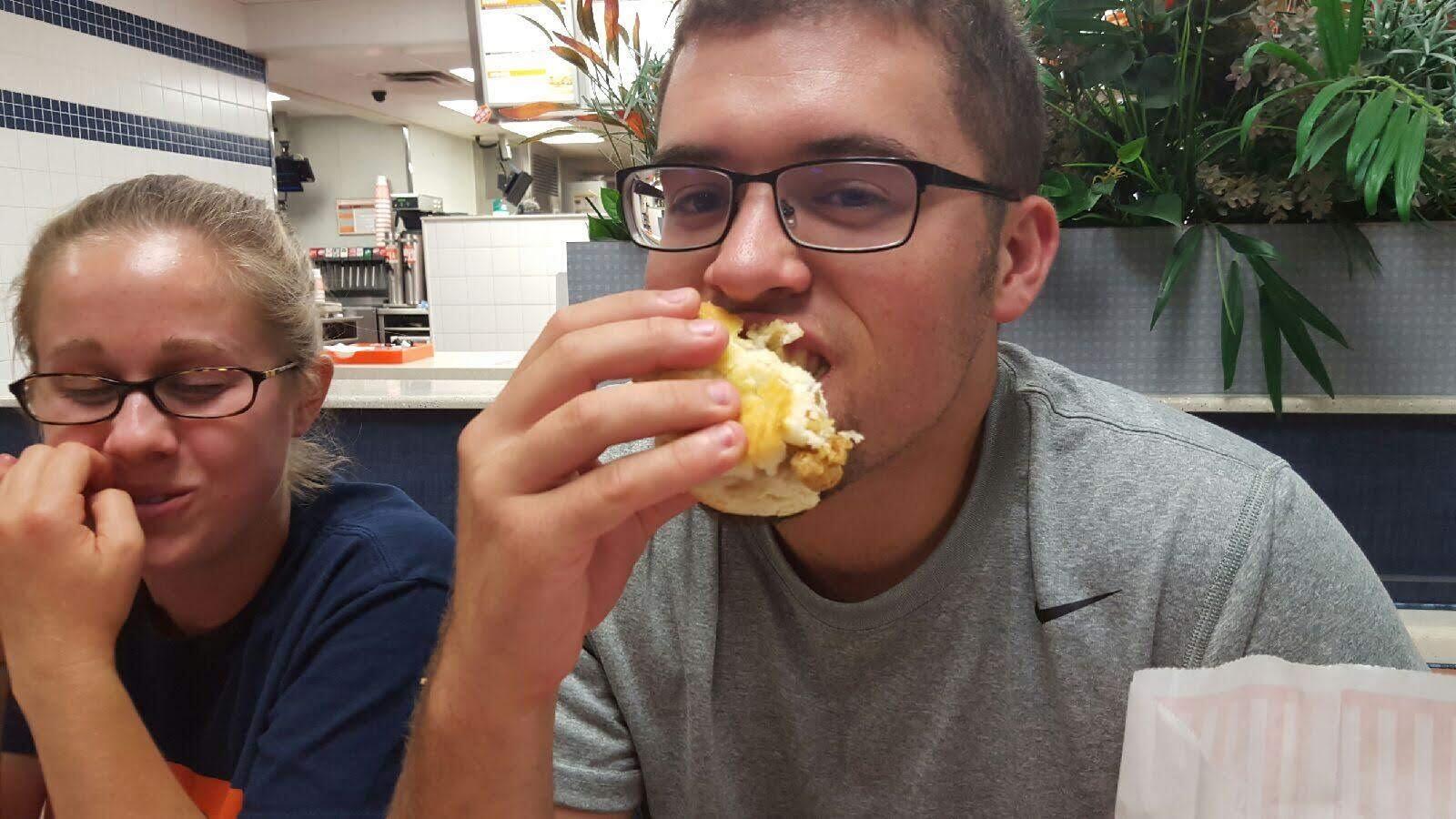 The very first picture of us! We met in Houston TX, during AmeriCorps preservice with Playworks - our first job after college. Here we are trying Whataburger together for the first time! #honeybutterchickenbiscuit