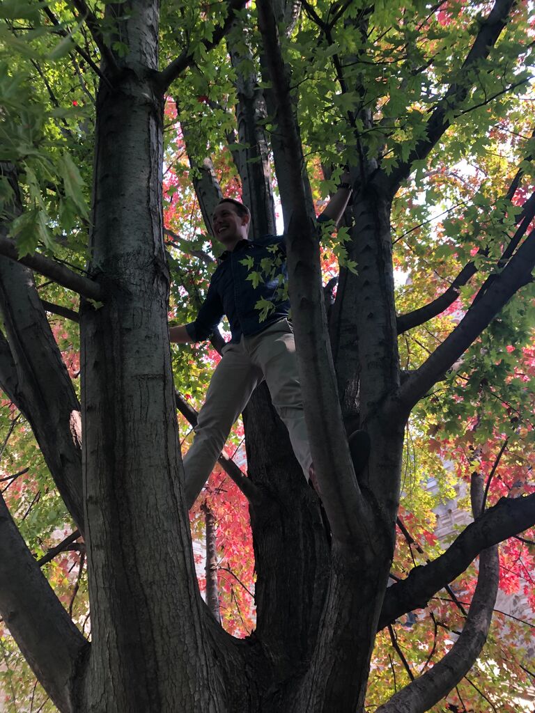 After being set up by mutual friends, Joe asked Kara out on a first date! They visited the Joslyn Castle in Omaha, NE, and in a feat of incredible strength and manly prowess, Joe climbed a tree.