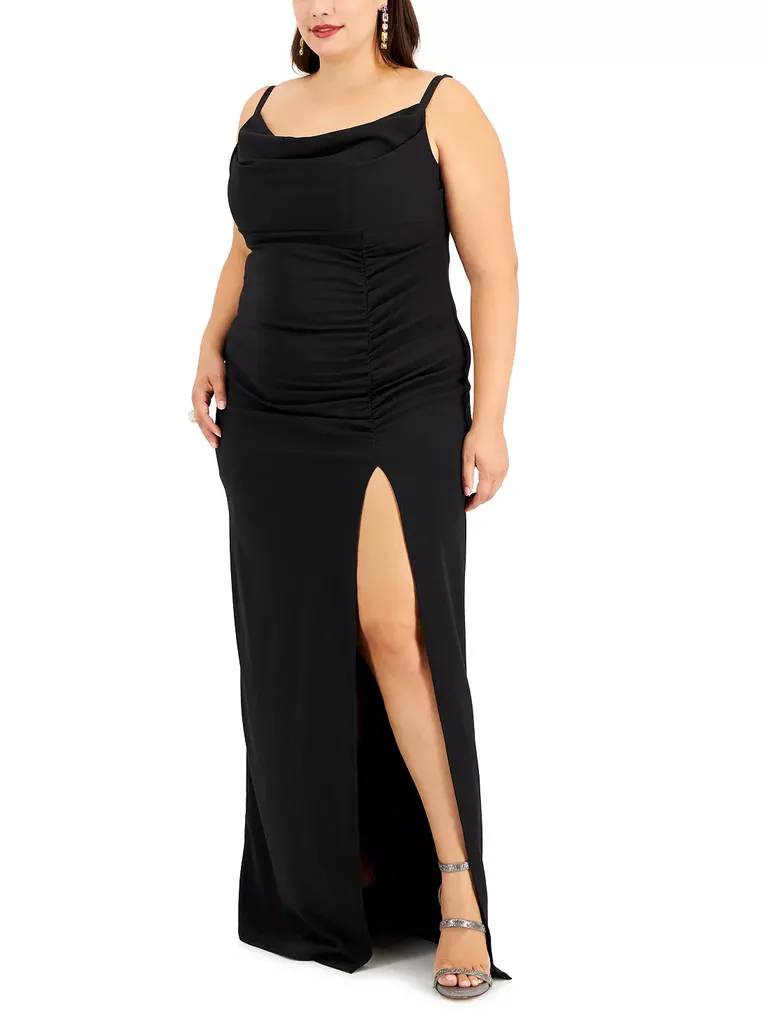 Plus Size Black Cowlneck Side-Ruched Maxi Bridesmaid Dress 