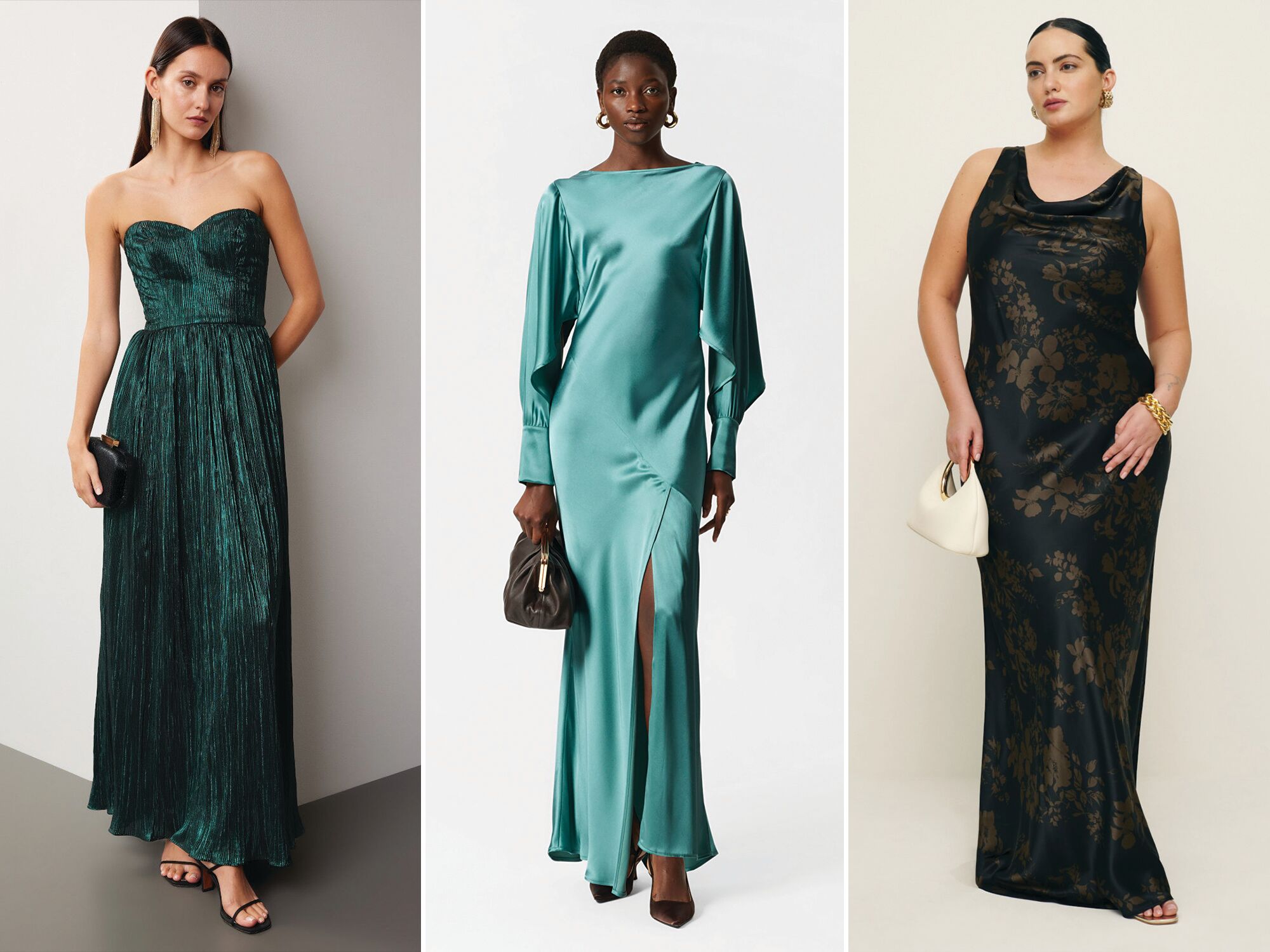 Collage of three silk wedding guest dresses