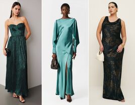 Collage of three silk wedding guest dresses