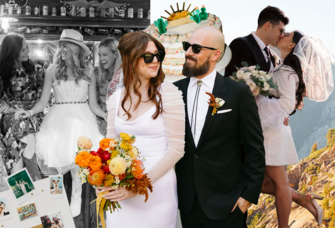 Bride and groom sunglasses casual wedding