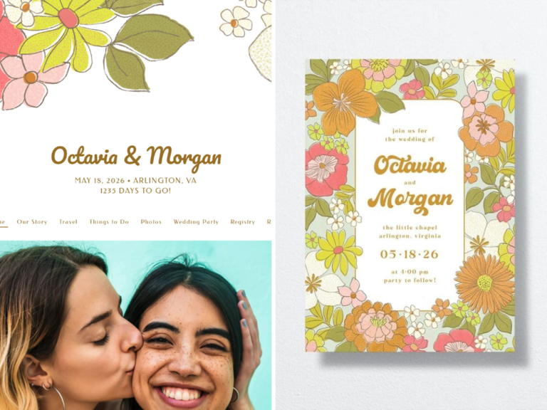 1970s inspired wedding website design and matching invitations with orange, pink, white and green retro flowers