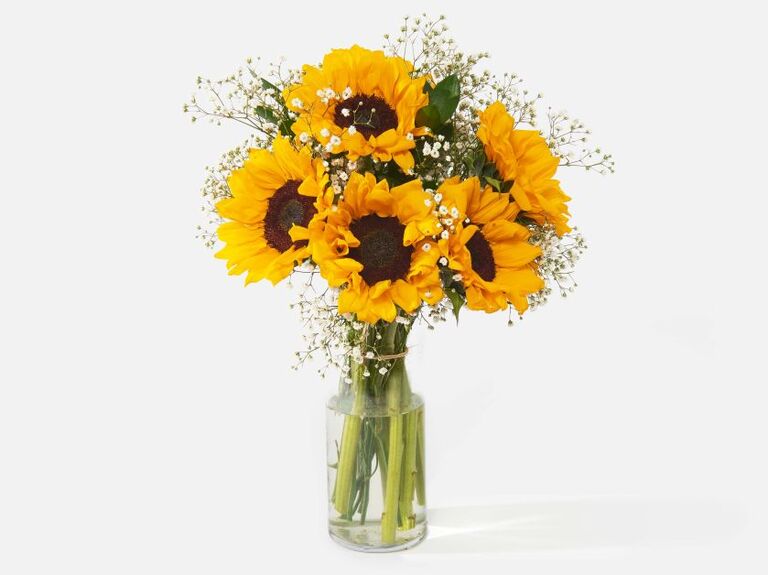 Bouquet of bright yellow sunflowers and baby's breath thank-you gift