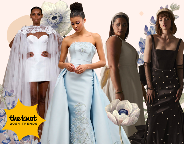 Collage of 2024 Wedding Dress Trends including short dresses, pastel dresses, bows, and black dresses