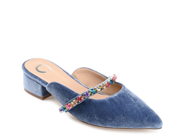 embellished blue velvet bridal mules with rainbow-jeweled strap