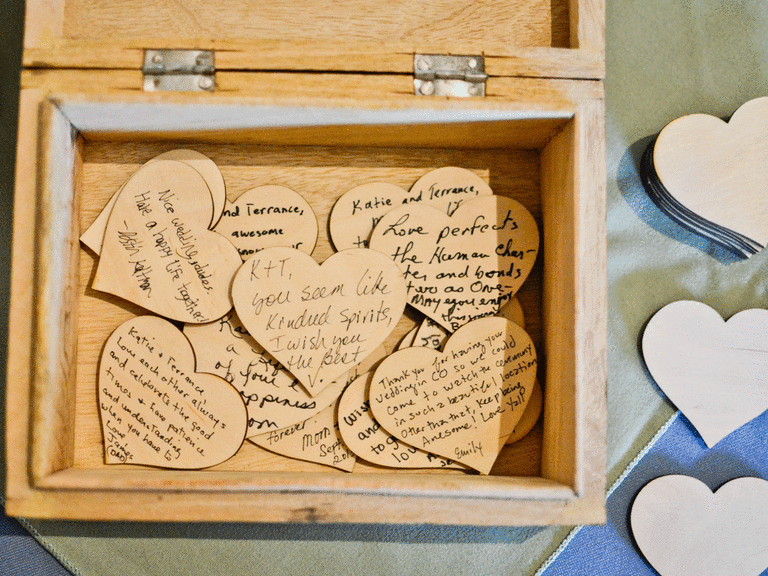 DIY wedding decoration idea of wood heart guest book.
