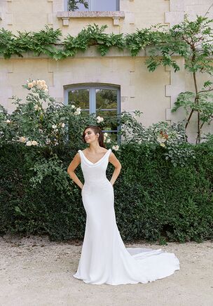 Charmeuse Fit and Flare with a Cowl Neckline and Beaded Lace Detail