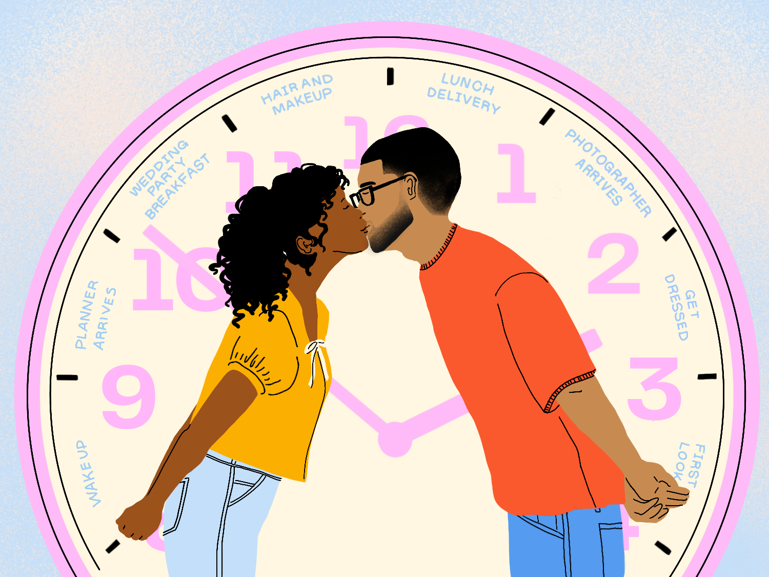 Illustration of couple kissing in front of a wedding timeline clock