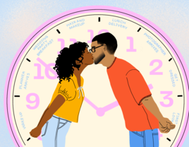 Illustration of couple kissing in front of a wedding timeline clock