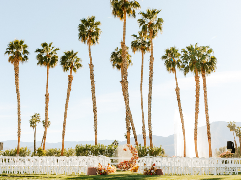 Outdoor wedding ceremony venue in California with palm tree background, how to get married in California