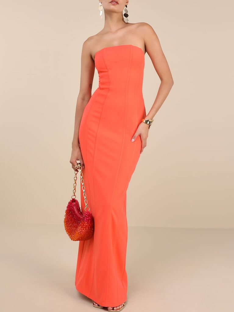 Lulus seamed strapless orange wedding guest dress 