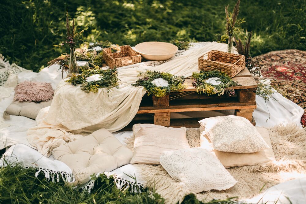 woodland style picnic with pillows