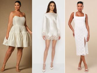 collage of three engagement party outfits for the bride
