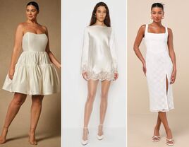 collage of three engagement party outfits for the bride