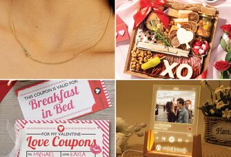 First Valentine's Day gifts: initial necklace, charcuterie board, personalized song plaque, Valentine's coupons