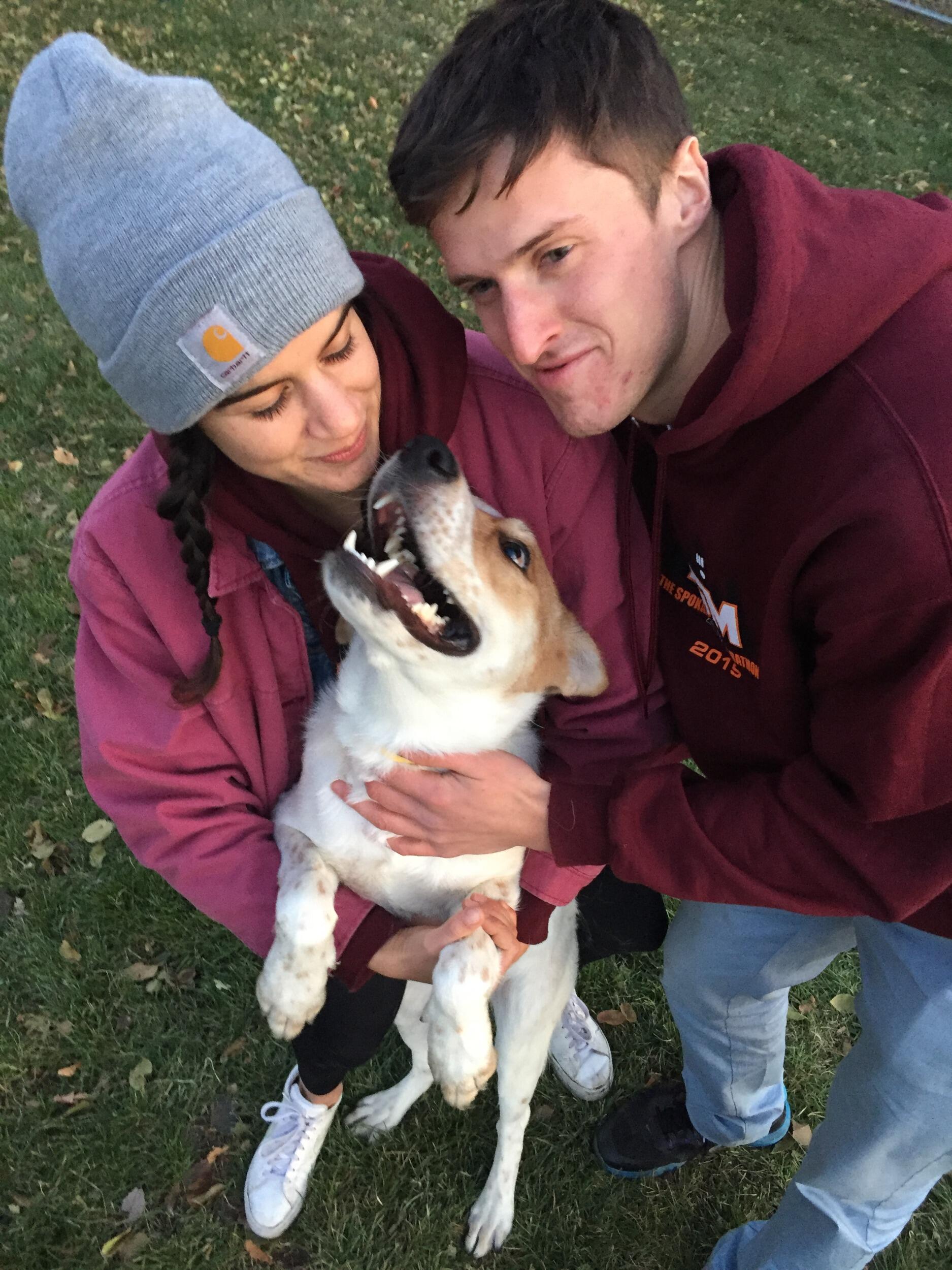 Senior year at Gonzaga begins. Peter and Sarah's love grew stronger as they bonded over their love for the outdoors, running (they ran the Spokane marathon together!), playing rediculous board games (including the original creation Arghy), attending Jacklando concerts, skiing at Schweitzer, and eating vegan pizza. Pictured is the dog that Sarah and Peter would've adopted had it not been for Jack Roberts' compelling argument against that decision. Thank you Jack. We named the dog Cannoli after our favorite Italian dessert. We miss him and often wonder where Cannoli is today. 