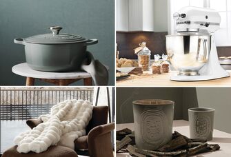 Big ticket wedding gifts: Le Creuset pot, KitchenAid mixer, Diptyque candle, Cozy Earth throw