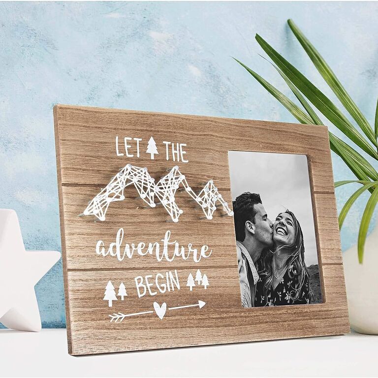 'Let the adventure begin' wooden engagement photo frame