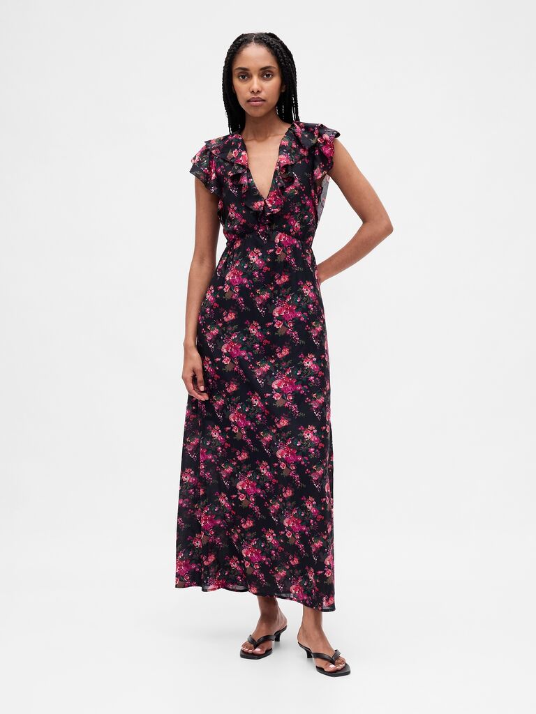 Gap pink and black floral petite maxi wedding guest dress for over 50s