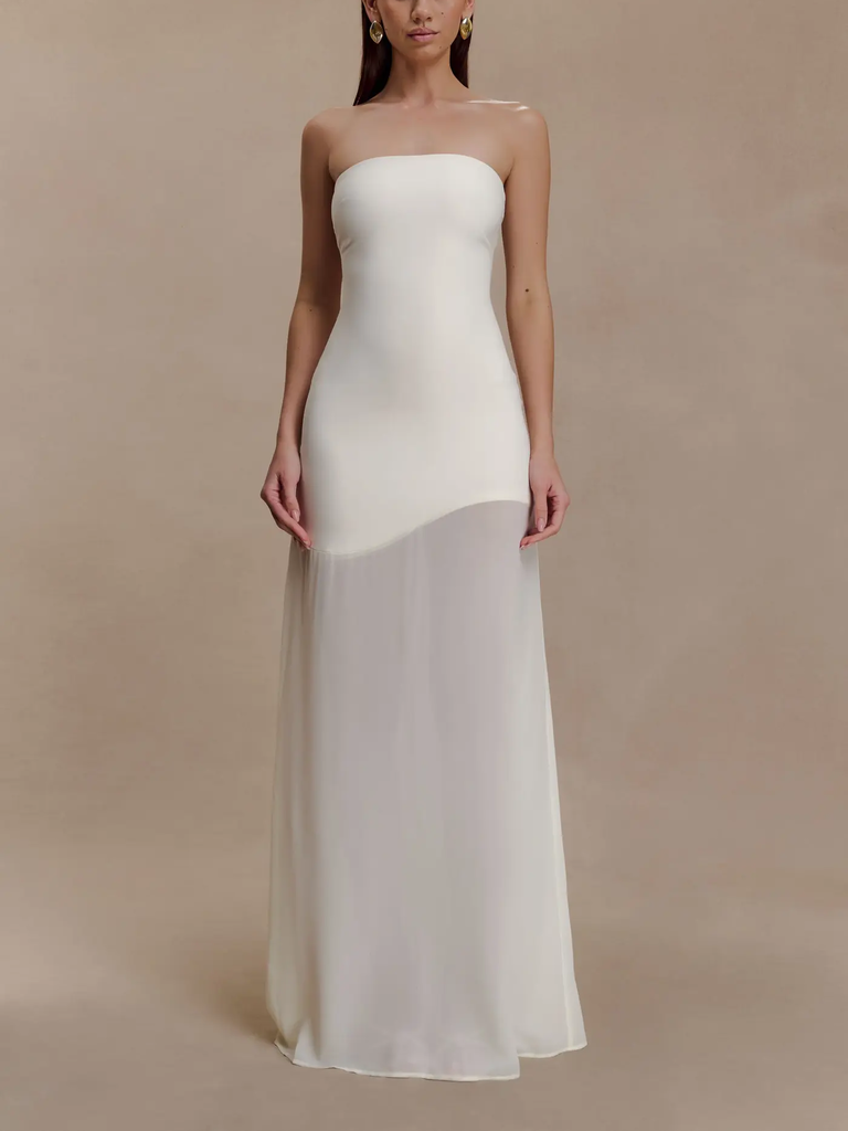 White strapless chiffon maxi bachelorette dress from MESHKI