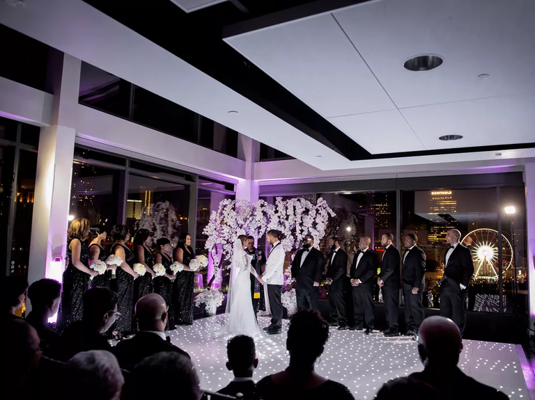 An indoor evening reception space at Ventanas in Atlanta, Georgia