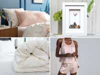 Collage of four silk anniversary gift ideas: silk pillowcase, silk pebble art, silk pajamas, silk comforter