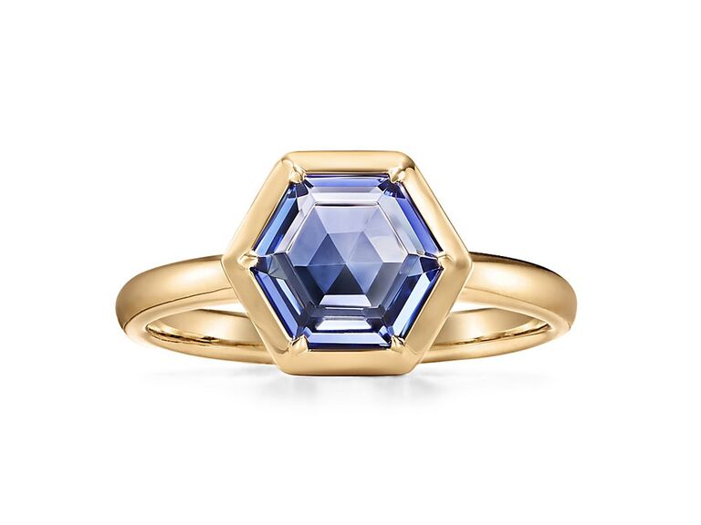 tiffany and co. hexagon shaped tanzanite engagement ring with gold band