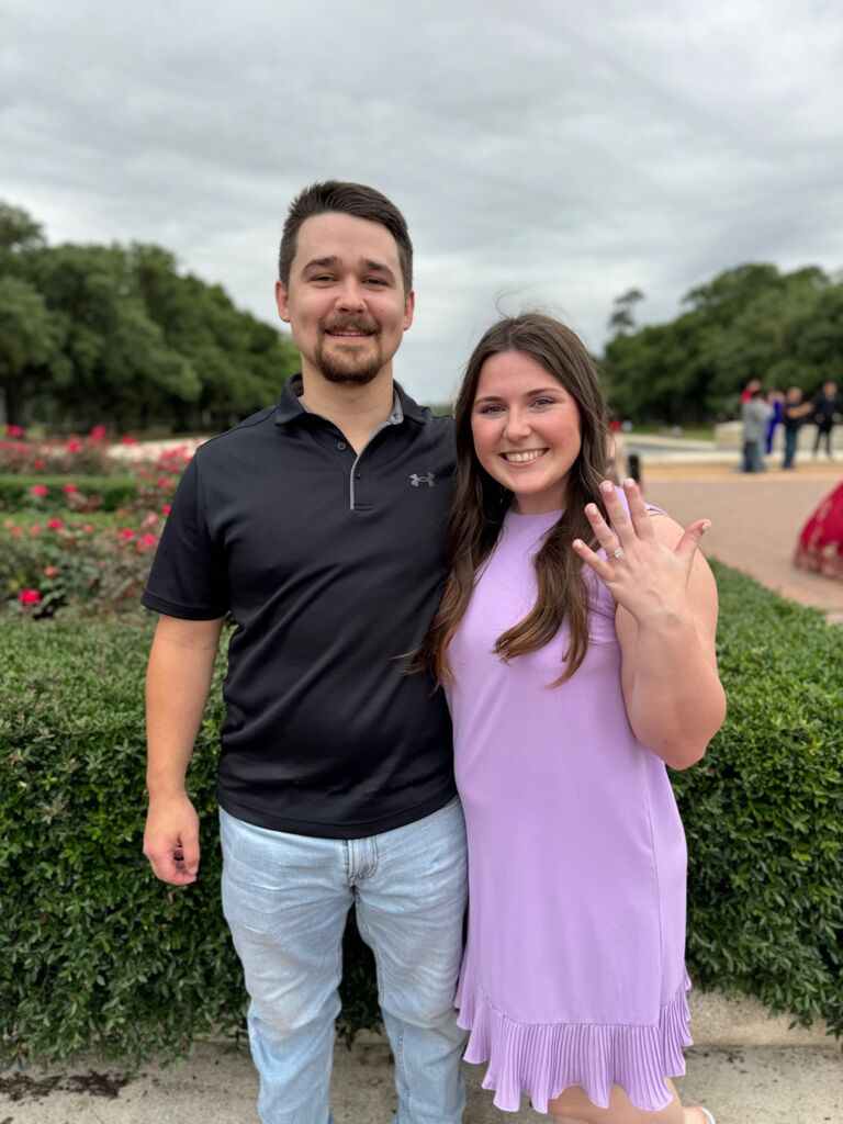 The YES Day! We went to Hermann park with our best friends. I was told it was a surprise Mother's Day dinner for my best friend and we were there as a double date! They said there was no parking near the restaurant, so we had to park a little farther then walk through Hermann park to get to the restaurant. As we were walking, Tyler called my name and I turned around and he was on one knee. I didn't believe he was actually proposing until I saw the most beautiful ring in his hand. He asked me, "will you marry me?" Of course I said yes! It was truly the most special day!