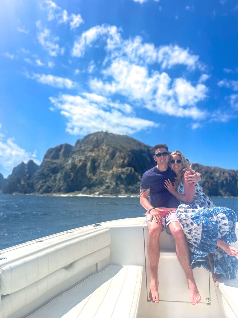 Our boat ride in St. John captured by our captain! ⛵️ We saw the beautiful cliff where we got engaged from a new angle! 
