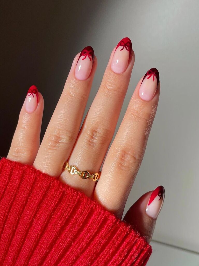 Red bow French tip Valentine's day nails